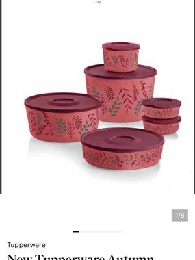 Tupperware Coral and Burgundy Leaf-Print Round Storage Set
